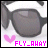 Static pixel art icon featuring a dark gray fish-shaped object with rounded body and fins, pink heart symbol, and bright magenta text "FLY_AWAY" on white background.