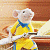 A split-frame contact sheet showing a pixelated animated icon of Stuart Little in yellow clothing on the left and green text reading "Original Icons .com" on the right against a dark background.