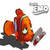 Pixelated orange clownfish with white stripes and black outlines, positioned on a dark base against a transparent background, with a small gray submarine icon in the upper right corner.
