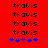 Red background with four of black 'travis' text and five blue/purple star icons below, showing animation where the purple star shifts position across frames