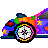 A static contact sheet of an animated buddy icon featuring a colorful sports car with star patterns and multiple text variations, displayed across 8 frames in a 3x3 grid layout.