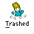 Pixelated character with yellow hair and teal shirt floating above scattered white fragments, below bold black text reading 'Trashed' on gray background.