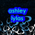 Pixelated blue text on dark background with swirling light blue and white patterns below.
