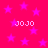 A static image with a bright pink background filled with scattered purple stars and four instances of the text 'JOJO' in white pixelated font.