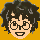 Pixelated character face with curly hair and glasses appears in three sequential states: neutral, smiling, then glowing eyes with red cheeks against brown background.