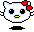 Four pixel-art cat faces with red bows, yellow mouths, and black eyes arranged in a on gray background