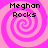 Four identical pixelated display 'Meghan Rocks' text over pink and white spiral backgrounds with no visible motion changes