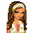 Pixelated static icon of a cartoon-style female character with long brown hair, wearing a white top with yellow circular patterns and a headband with green accents.