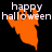 Pixelated orange ghost with white eyes and mouth, positioned below 'happy halloween' text on black background; three variations show color shifts from bright orange to brown.