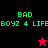 Pixelated divided into four quadrants with text and star symbols, displaying color variations between black/red backgrounds