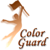 Static icon featuring a stylized running figure holding a flag with 'Color Guard' text below, rendered in brown and orange tones on white background.