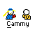 Pixel art animation of a character in blue and red attire with yellow hair, interacting with a white circular object against a gray background, labeled 'Cammy' below.