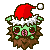 A 4-frame pixel art animation of a green cartoon character with brown spiky hair wearing a red Santa hat, displayed in a 2x2 contact sheet on gray background.