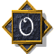 Four identical square icons with gold borders and dark blue backgrounds, each featuring a white circular symbol with a small dot inside, arranged in a