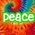 A four-quadrant displays distinct pixelated icons: a tie-dye background with 'peace' text, a red heart with 'Love', and a yellow smiley face with 'happiness'