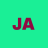 Pixelated maroon letters JA on solid teal background with slight color bleeding at letter edges.