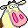 Pixelated cartoon cow icon with yellow body, pink udder, and black-and-white facial features on gray background.