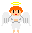Pixelated angel figure with orange hair, yellow halo, white wings, and red lips in two poses against gray background.