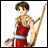 Pixelated anime-style character in red outfit with golden shoulder armor holding a long staff, next to black background with white text "Anime IM" and stylized signature.