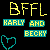Pixelated yellow text 'BFFL' above three teal rectangles with yellow text reading 'KARLY', 'AND', and 'BECKY', plus a cyan heart outline on black background.