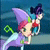 Animated cartoon character with purple hat and cape, pink hair, green eyes, red top, white pants, holding a blue object while moving through a dark blue background.