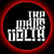 Pixelated icon with white blocky text on black background, framed by red circular border.