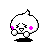 Pixelated character with white rounded body, pink cheeks, and black outline in four poses: two with closed eyes, one with a pink heart above head, and one with open mouth.