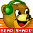 Pixelated brown bear wearing green headphones, smiling with open mouth, standing on orange striped background with 'BEAR SHARE!' text below.