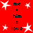 Red background with white star shapes and black text reading 'me + him = love' in multiple arrangements.