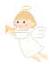 Pixelated angel icon with blonde hair, white robe, and wings holding a trumpet; four variations show different poses and musical note positions.