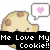 Pixelated cookie character with brown spots, pink heart speech bubble, and black text boxes displaying affectionate phrases.