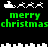 Pixelated green text 'merry christmas' with Santa sleigh and reindeer animations on black background.