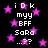 Pixelated text and pink stars on a black background, with repeated phrases 'iDk myy BFF SaRa ...??' in white block letters.