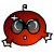 Red circular pixelated character with large reflective eyes, small open mouth, and black outline, featuring a small flag-like protrusion on top.