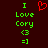 Green pixelated text 'I Love Cory <3 =]' on dark red background with a red heart symbol above the text.