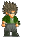 Pixel art character with spiky brown hair, green shirt, gray pants, and black boots performing a fire-based attack animation against a gray background.