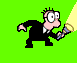 Pixelated cartoon character in black suit holding flashlight, alternating between walking pose and stationary stance with light beam on green background.