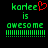 Green pixelated text 'komee is awesome' with a red heart symbol above the second 'e', displayed on black background with green horizontal bars below.