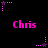Pixelated pink text "Chris" repeated across a black background with animated purple and pink star-shaped elements moving in dotted paths.
