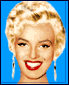 Four pixelated portrait of a woman with blonde curly hair, red lipstick, and blue dress against solid blue background