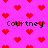 A static pixel art image with a bright pink background filled with red heart shapes and repeated text "Courtney" in black.