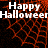 A Halloween-themed animated icon with 'Happy Halloween' text over a red web pattern background, showing partial visibility in different frames.