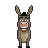 Pixel art of a donkey character with brown ears, black top hat, white teeth, and orange collar against gray background.