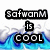 Pixelated text 'SafwanM is COOL' overlaid on blue and white wave-like animation with a gray background section.