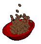 Red bowl filled with brown cereal pieces animating from scattered to fully settled in a