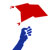 A pixelated image shows a blue hand holding a red Santa hat against a white background.