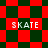 Red and dark green checkered pattern with four instances of the word 'SKATE' in white pixelated text, arranged across two distinct layouts