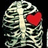 A pixelated skeletal torso with a red heart over the chest, set against a black background, with red text displaying partial phrases
