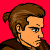 Pixelated character with brown hair in a bun, wearing dark clothing against red background; blue lightsaber appears and moves across frame.