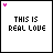 A 4x4 contact sheet of animated frames showing a pixelated icon with "THIS IS REAL LIVE" text and small pink/black heart symbols moving across the top-left corner.
